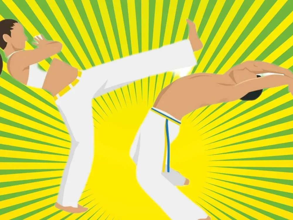 Två personer gör capoeira-tecknat