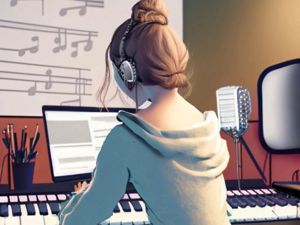 Tjej vid piano och text